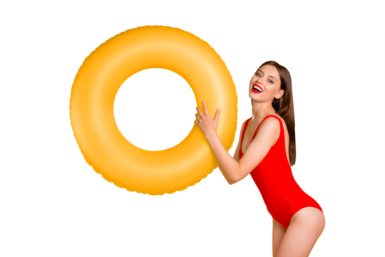 Tropic travel tourist lifestyle delight rejoice people one person concept. Photo portrait of funny funky cute beautiful attractive stylish trendy lady holding lifebuoy hands isolated bright background