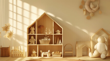Kid's storage system in form of house. Creative interior toys and books storage concept. Light colours. Generative AI