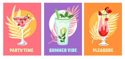 Cocktail drinks cards. Summer party beverages. Various liqueurs and sodas. Alcohol tropical compositions. Pina colada glass. Cold mojito. Margarita decorated with fruits. Garish vector set