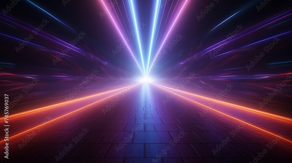 Poster background wall with neon lines and rays. background dark corridor with neon light. abstract backgro
