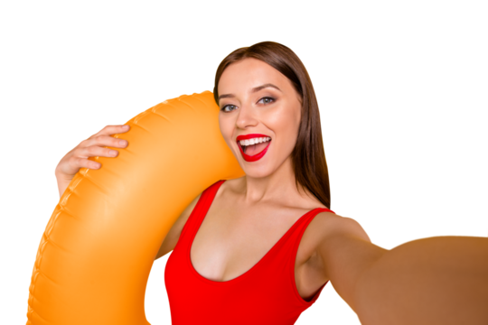 Closeup photo portrait of beautiful pretty lovely nice cute charming lady with open mouth making taking selfie holding lifebuoy isolated vivid background