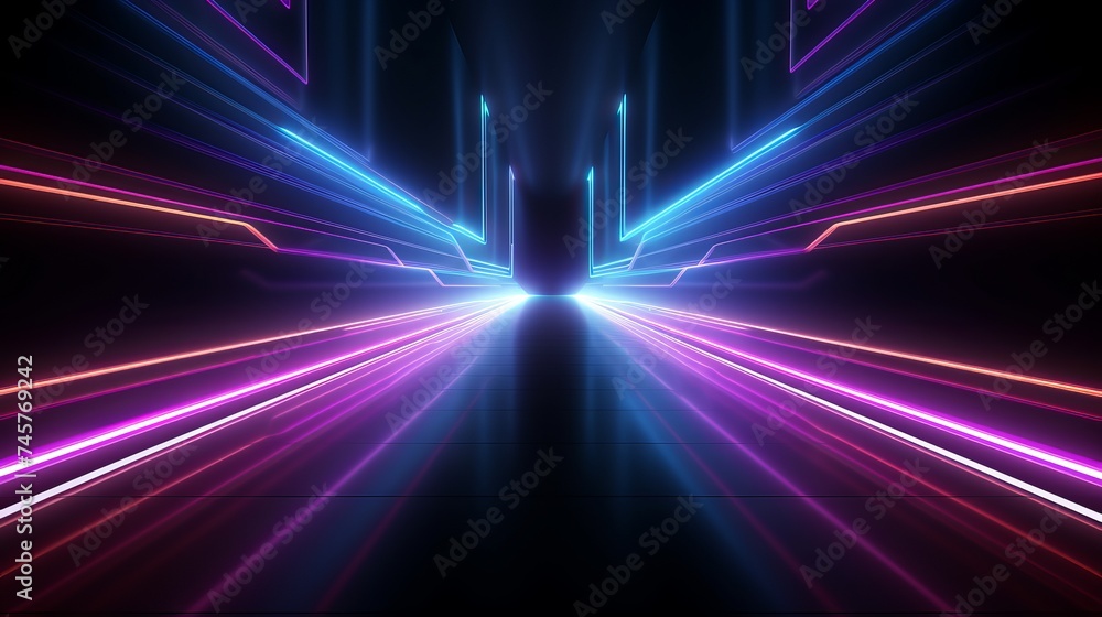 Poster background wall with neon lines and rays. background dark corridor with neon light. abstract backgro