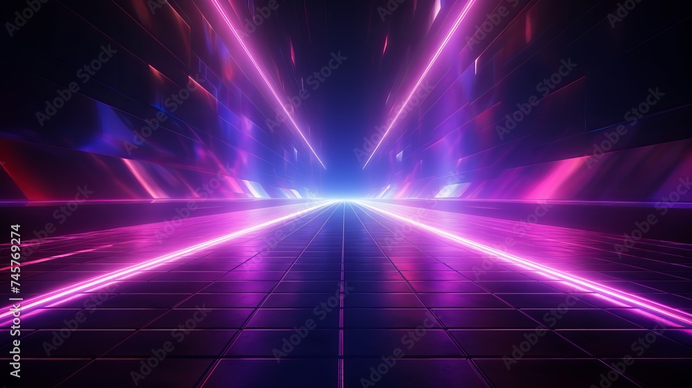 Poster background wall with neon lines and rays. background dark corridor with neon light. abstract backgro