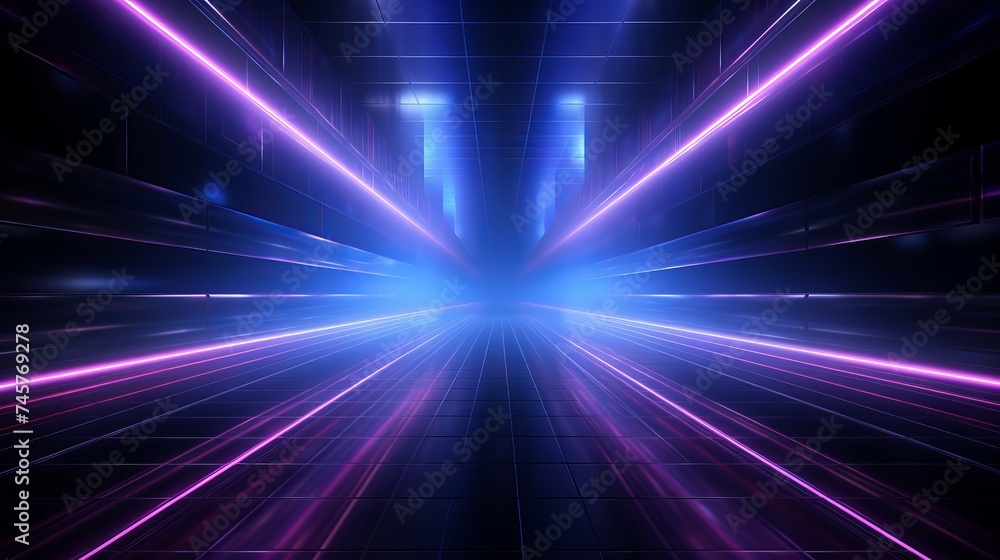 Poster background wall with neon lines and rays. background dark corridor with neon light. abstract backgro