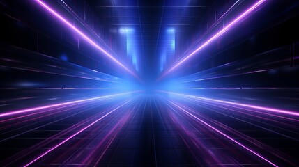 Background wall with neon lines and rays. Background dark corridor with neon light. Abstract background with lines and glow. Wet asphalt, neon smoke