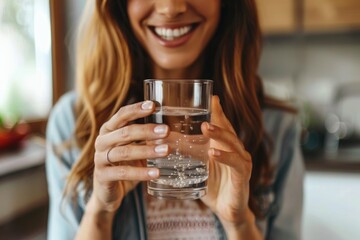 middle-aged woman in casual clothes at home holding pill and glass of fresh water. ai generated - obrazy, fototapety, plakaty