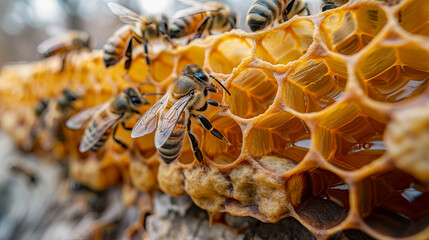 Honey bees on honeycomb in apiary in summertime - obrazy, fototapety, plakaty