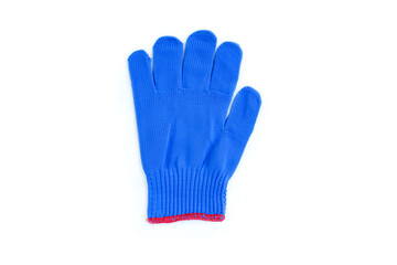 Blue fabric glove with red edge isolated on white background, Blue cotton gloves