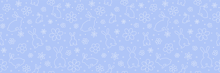 Seamless pattern with Easter bunnies and flowers in hand drawn style. Background for card, invitation and poster. Banner. Vector illustration