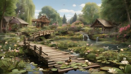 A weathered wooden bridge leads to a hidden oasis, with cascading waterfalls and a peaceful pond...