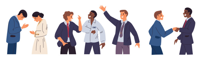 Business people greet each other. Partners handshake. Corporate ethics. Persons communication. Office staff in formal suits. Men and women wave hands. Partnership gesture. Garish vector set