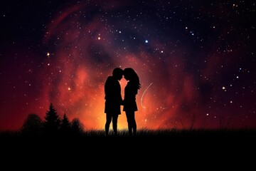 Silhouette of young couple under stars. standing in meadow by night under the galaxy The concept on the theme of love