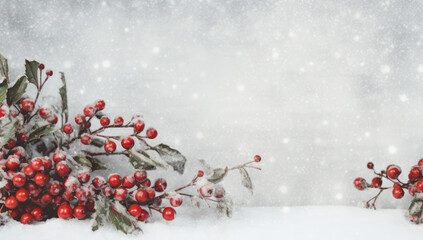 Naklejka na ściany i meble Winter Wonderland: Snowy Christmas Tree in a White Forest with Red Berry Decor