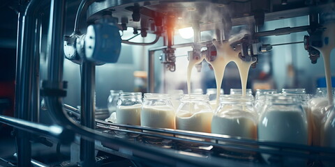 Bottling milk at a dairy plant. Tasty healthy milk. Milk production at the factory. Generative Ai