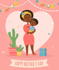 Happy mothers day greeting card with african american mother holding her baby. Vector illustration