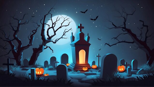 A Halloween background featuring a creepy graveyard with pumpkins and tombstones. The scene is illuminated by a full moon and stars, with bats flying around spooky trees