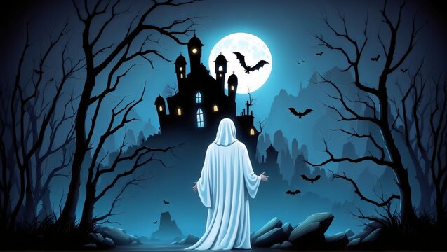 Ghostly figure in forest with castle, bats, full moon, trees, and mysterious man silhouette, Halloween ambiance scene