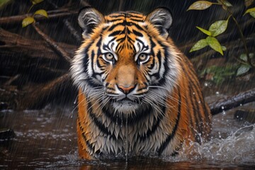 Obraz premium Close-up portrait of a tiger walking gracefully through river