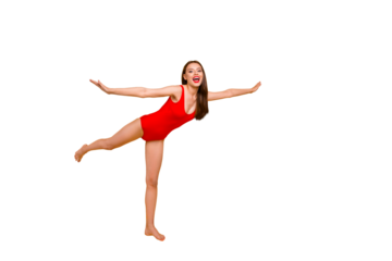 Tourism lifestyle leisure dream careless freedom sport person concept. Full length size photo portrait of nice glad beautiful pretty cute charming lady standing on one leg isolated bright background