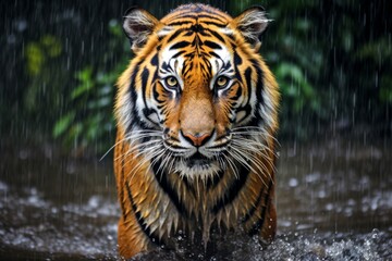 Obraz premium Close-up portrait of a tiger walking gracefully through river