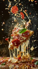 Visually Striking and Delicious Slice of Pepperoni Pizza Suspended Mid-Air