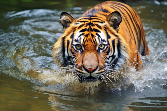 Close-up portrait of a tiger walking gracefully through river