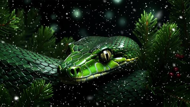 Green tree snake on a green background with Christmas tree branches. Chinese new year. Loop. Falling snowflakes. Looped snow.