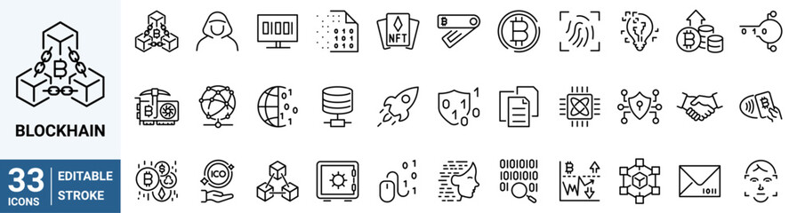 Blockchain package. Bitcoin set of line web icons. Cryptocurrency economy. NFT. Collection of Outline Icons. Vector illustration.