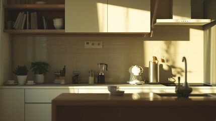 Fototapeta na wymiar modern contemporary home interior kitchen area minimal detail cabinet and handing shalf cupboard home interior