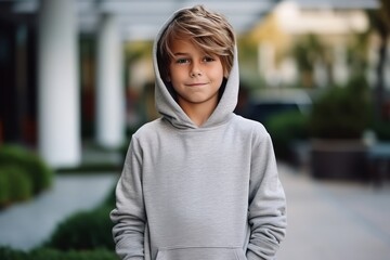 Portrait of a cute little boy wearing hoodie, outdoor.