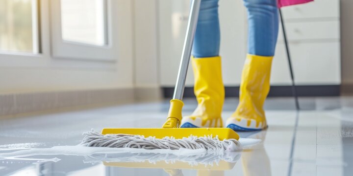 Cropped image of woman in protective gloves using a flat wet-mop while cleaning floor