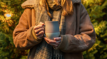 Two hands gently holding a warm mug, bathed in beautiful light with a backdrop of twinkling string...
