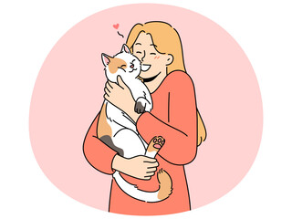 Happy woman hold cat in arms cuddling cute domestic animal. Smiling girl hug fluffy pet. Ownership and friendship. Vector illustration.