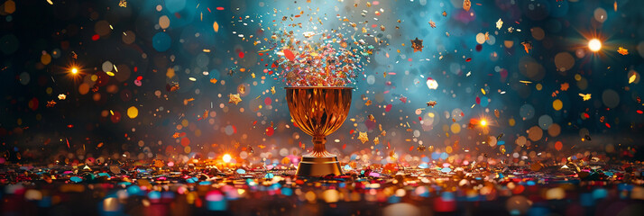 Party Background with lights confetti Metal cup of gold color for the winner for the first place is isolated on a white background, 
, 
