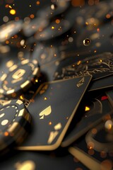 background of black and gold casino chips and cards. generative ai
