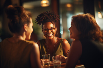 A group of women engaged in a lively conversation. The warm ambiance and blurred background in a cafe or restaurant. The lighting highlights her face and the joyous interaction among the friends.