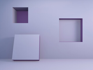 Abstract light purple background with cube and square holes in wall; simple mock up scene with minimal design elements in pastel color, 3d rendering, 3d illustration