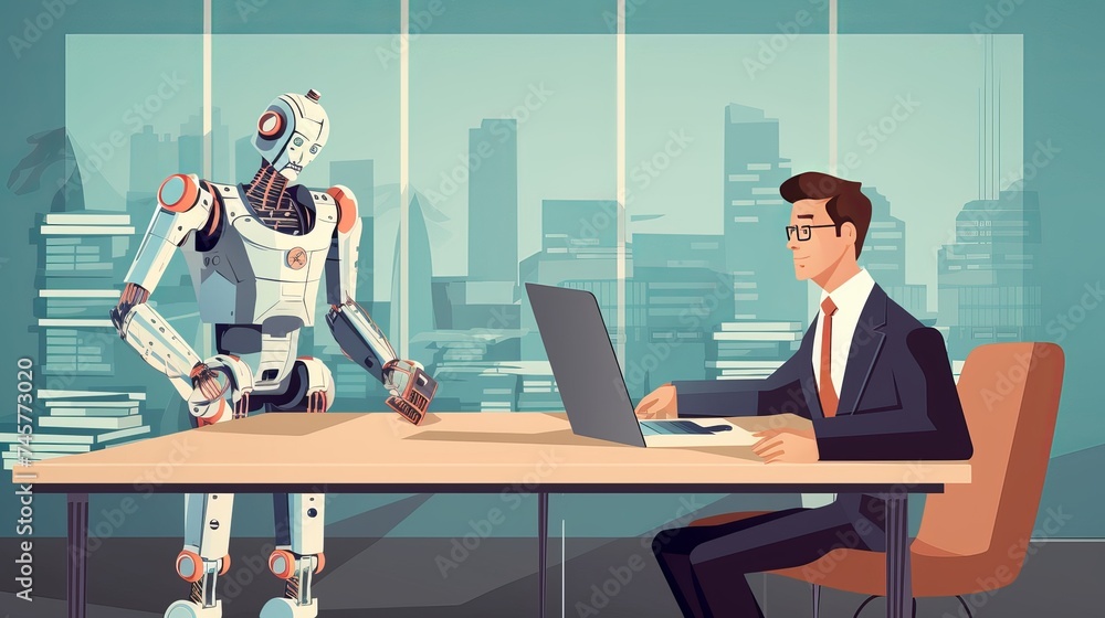 Poster concept of robots replacing humans in offices
