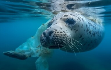 A harbor seal swims underwater with a pile of plastic trash. ecological catastrophy 
