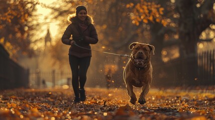 dog running on a leash with a jogging woman in park 