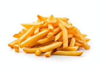 Stack of French fries, crispy and golden, a popular and delicious fast-food side dish, isolated on a white background