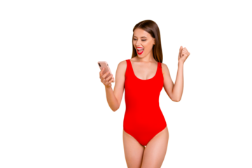 So many likes and subscribers on my page in social network! Pretty cheerful nice glad satisfied lady raising fist up holding smart phone in hand isolated vivid background