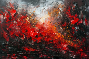 Abstract rough painting texture with oil brushstrokes in black and red colors. Pallet knife paint on canvas. Art concept background.