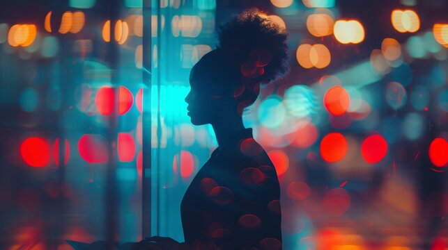 African American Female Creative Businesswoman Using Laptop A Bustling Airport Terminal, Diverse Travelers, Illuminated By The Vibrant Bokeh Of Lights Stylish Entrepreneur Modern Business Traveling