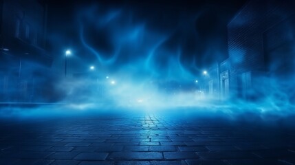Empty scene with blue neon light. Asphalt blue street with smoke.Empyy background