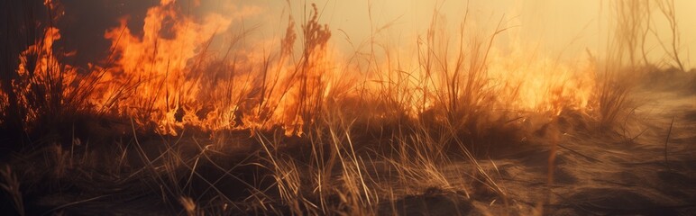 fire, dry grass and trees are burning, close-up 