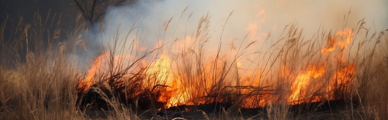 fire, dry grass and trees are burning, close-up 