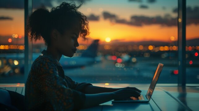 African American creative entrepreneur female businesswoman using laptop a bustling airport terminal, diverse travelers, vibrant bokeh of lights stylish entrepreneur modern business trip traveling