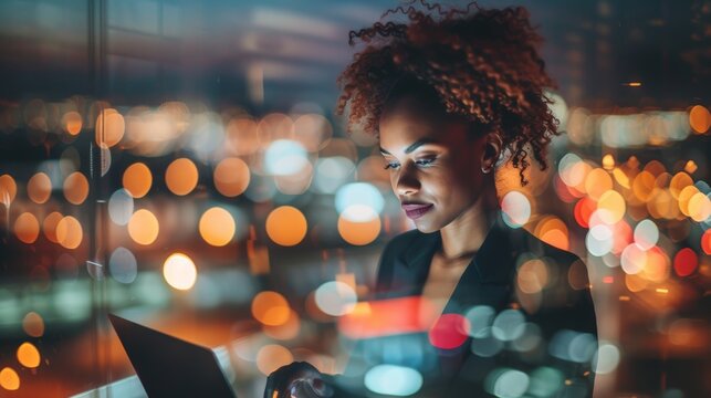 African American Creative Entrepreneur Female Businesswoman Using Laptop A Bustling Airport Terminal, Diverse Travelers, Vibrant Bokeh Of Lights Stylish Entrepreneur Modern Business Trip Traveling