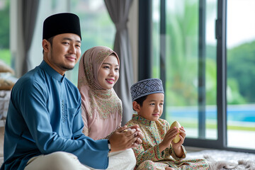 Asian family, celebrating Eid Ul Fitr at home, asking forgiveness  - obrazy, fototapety, plakaty